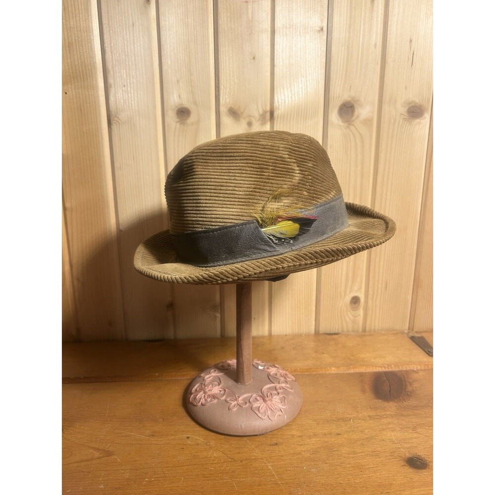 Vintage 1960s Corduroy Fedora Hat | Brown Trilby Feather | Men's Size Large